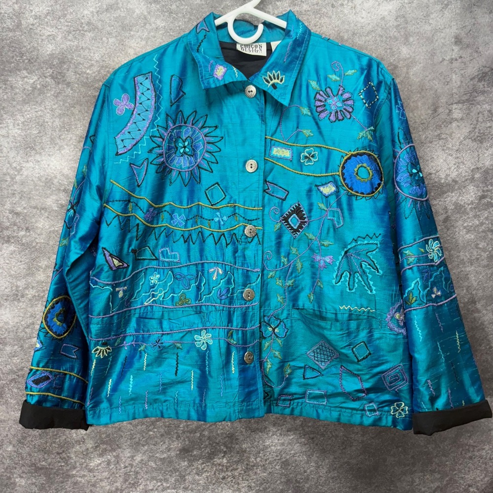 Vintage Chicos Teal Blue 100% Silk Embroidered Art to Wear Jacket Size 1 Boho